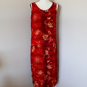 Vintage Red Brush Stripe & Tropical Floral Print Maxi Dress